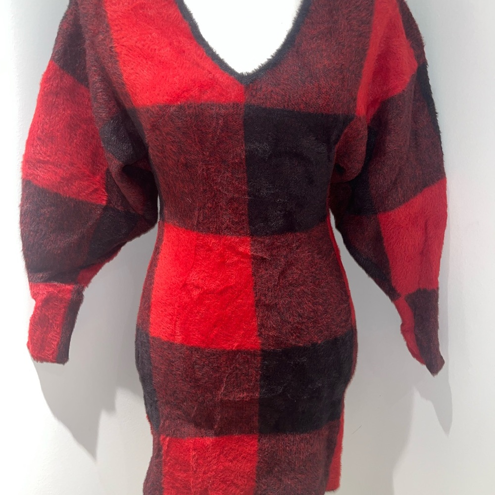 Red and Black Plaid V-Neck Sweater